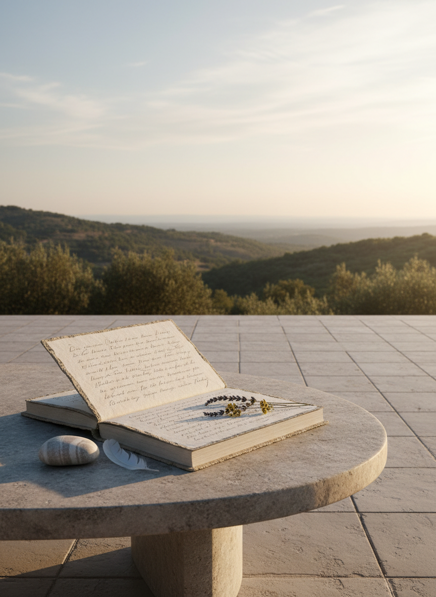 An open, cloth-bound journal made of recycled paper lies on a low, stone table, its pages filled with faint, unreadable handwritten lines, surrounded by small natural objects: a smooth river stone, a single feather, and a sprig of dried wildflowers. The setting is a simple, sunlit terrace overlooking distant, tree-covered hills under a soft, hazy sky. Late afternoon golden light spills across the journal, creating warm highlights on the textured paper and long, gentle shadows on the stone. Captured from a slightly elevated angle in photographic realism, the composition follows the rule of thirds, leaving ample negative space toward the horizon. The mood is reflective and soothing, evoking quiet inner listening, rest, and creative processing during ecological uncertainty in a clean, modern yet organic aesthetic.