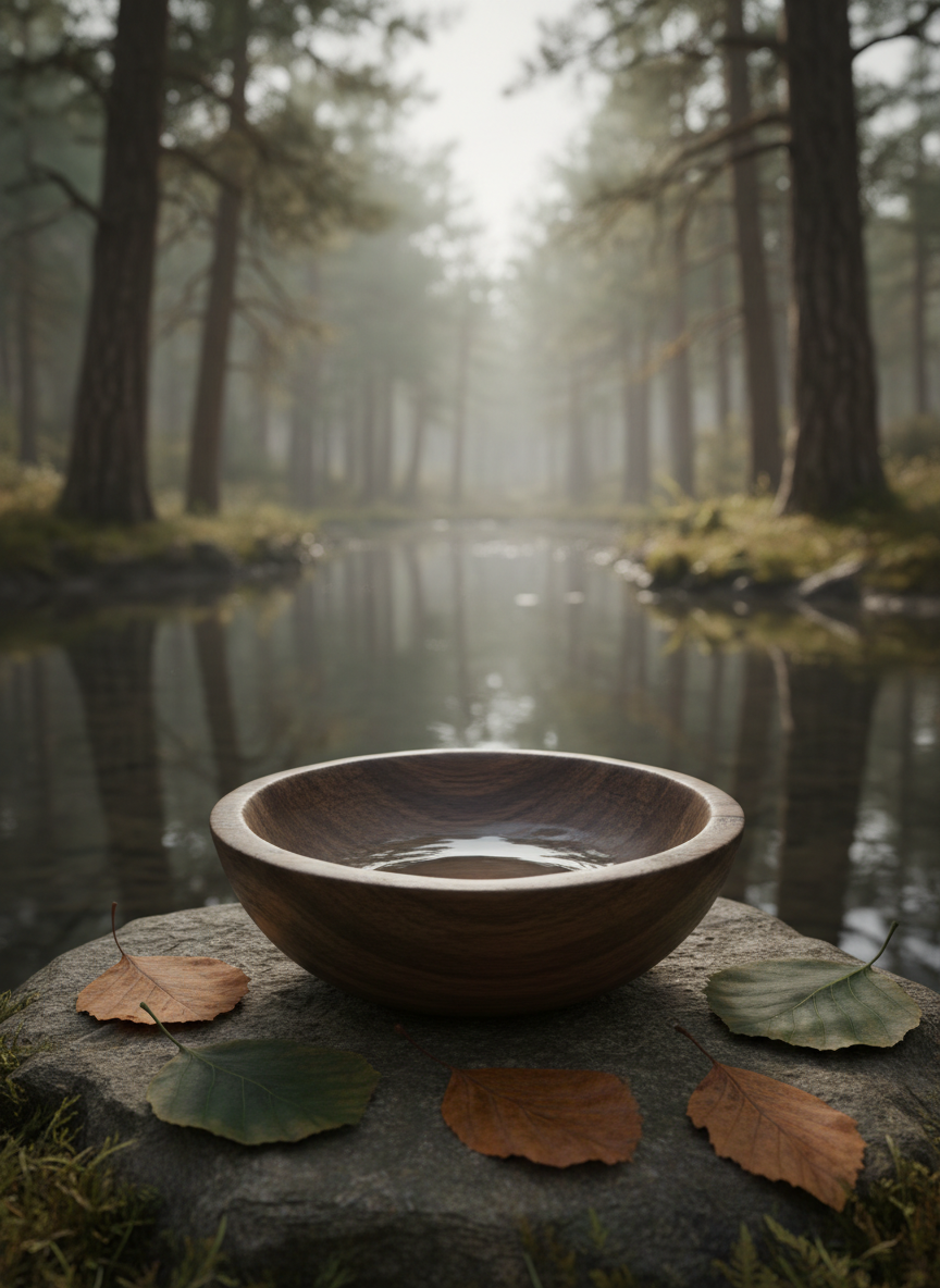 A weathered wooden listening bowl carved from dark walnut, its smooth interior catching the faint reflection of an overcast sky, rests on a moss-covered stone beside a still forest pond. Fallen leaves in muted amber and deep green float near the water’s edge, their details rendered in crisp photographic realism. Soft, diffused natural light filters through tall pines, casting gentle, dappled shadows and a subtle mist in the distance. Shot at eye level with a shallow depth of field, the bowl is in sharp focus while the forest blurs into a calm, velvety background. The mood is serene and contemplative, suggesting deep listening to the more-than-human world, with a sophisticated, minimalist composition emphasizing quiet attention and ecological care.
