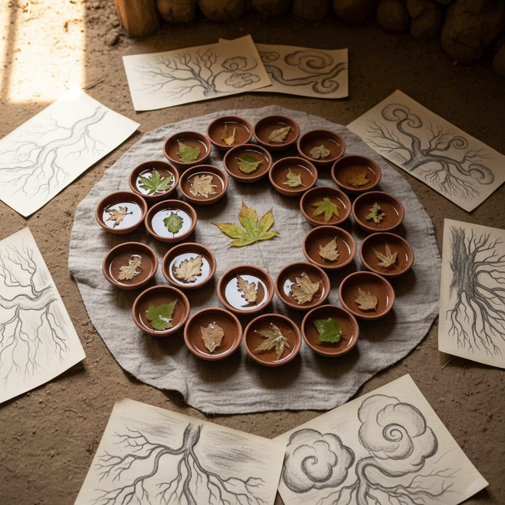 A low circular arrangement of small clay bowls filled with water, each containing a single floating leaf in various stages of decay, forms a gentle mandala on a rough linen cloth spread over an earthen floor. Around the cloth, there are scattered charcoal sketches of rivers, roots, and cloud formations, slightly curled at the corners. Soft, indirect daylight enters from an unseen side window, illuminating the subtle textures of the clay, linen, and paper while leaving the background in gentle shadow. Shot from a bird’s eye view in crisp photographic realism, the design feels like a quiet ritual for collective grief and climate care. The mood is intimate and reverent, emphasizing cycles of change, attentive noticing, and the healing power of simple, handmade arts practices.
