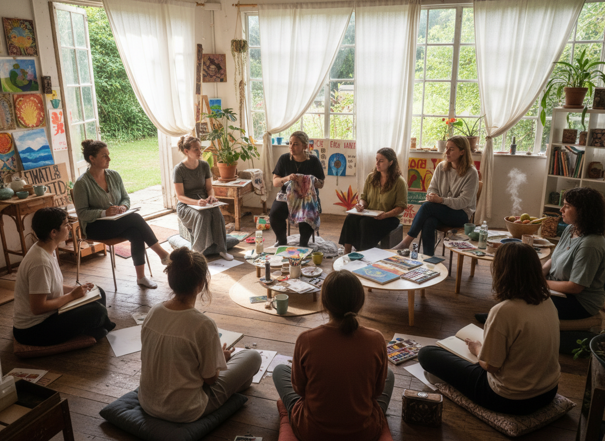 calm, arts-based climate justice and burnout recovery course setting with people journaling and listening in a circle, soft natural light