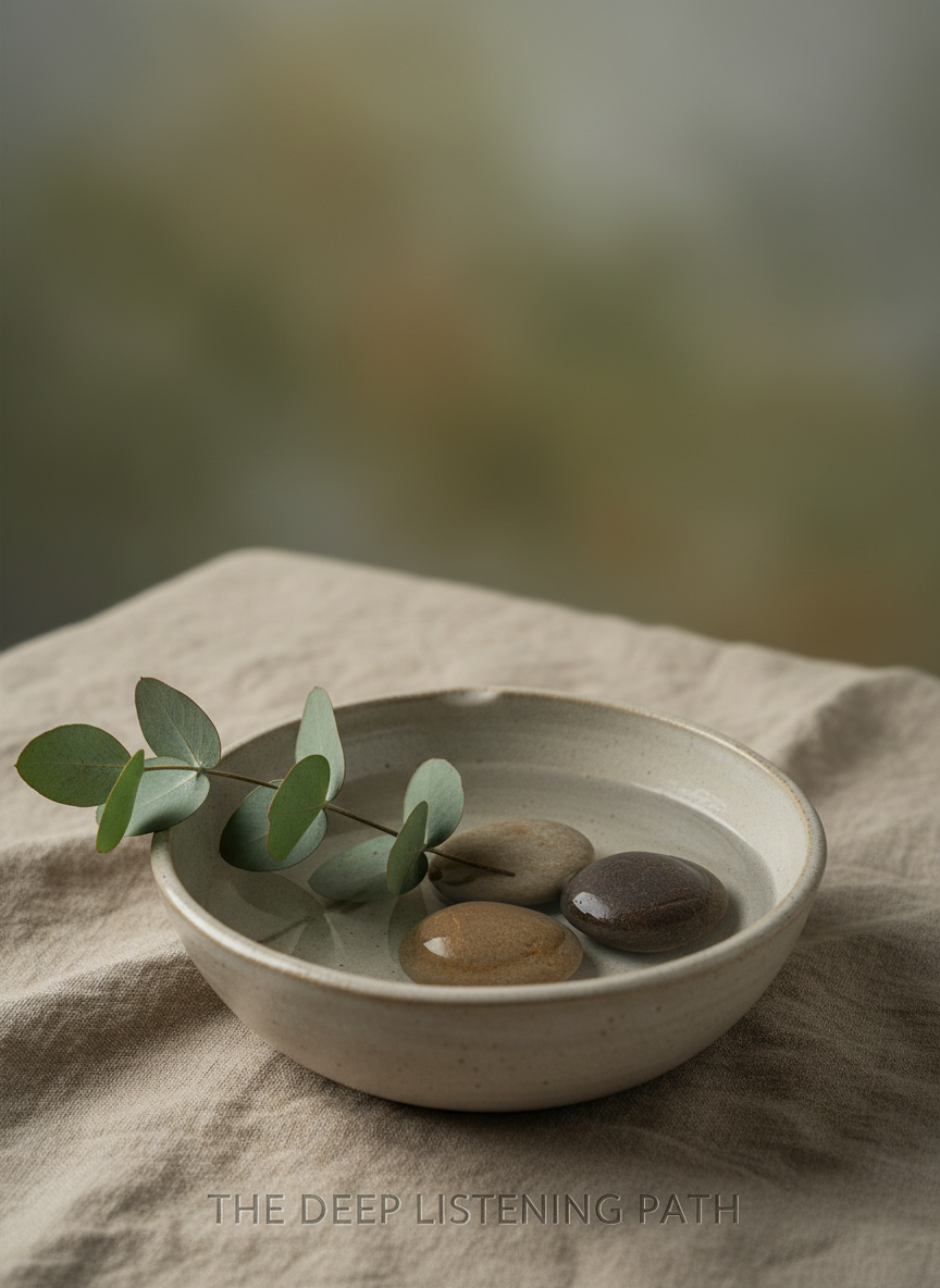 Calm, earthy, reflective scene for The Deep Listening Path brand: a shallow ceramic bowl of water on a linen cloth with a few river stones and a single eucalyptus branch, soft side light, muted greens and browns, minimal, contemplative, photographic realism, portrait orientation, plenty of negative space.