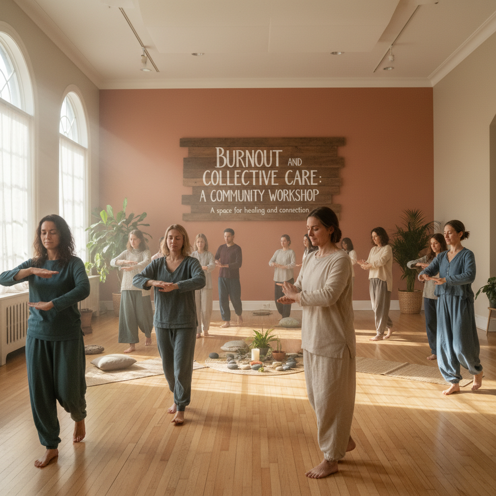 A soothing, embodied community workshop scene titled 'Burnout and Collective Care: A Community Workshop' on a sign or board at the back. People are engaged in slow walking meditation and gentle embodied activities in a calm, spacious room with fewer desks or furniture, soft natural light, and a warm, welcoming atmosphere.