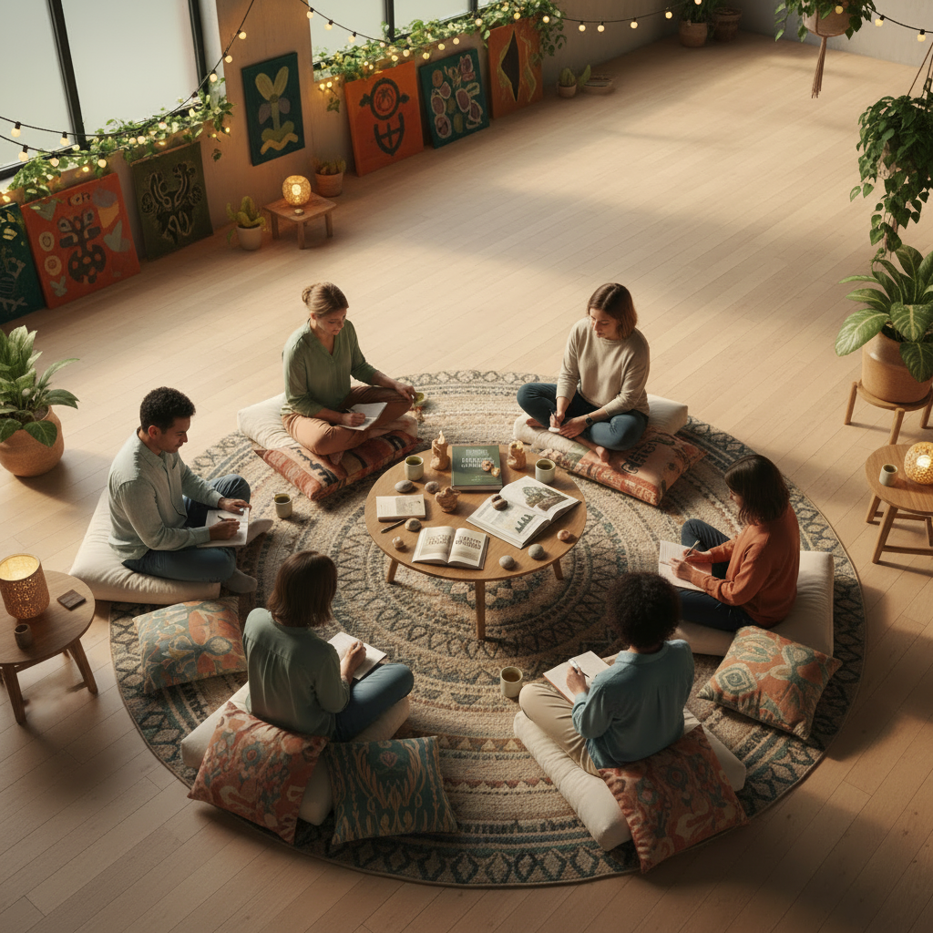 An intimate, inviting room for deep listening circles, with warm lighting, unique decor, and visually interesting elements similar in richness and atmosphere to the workshops image, while keeping a calm, arts-based climate justice feel.